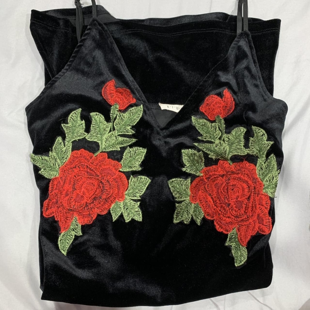 Black Velvet Top with Red Floral Embroidery